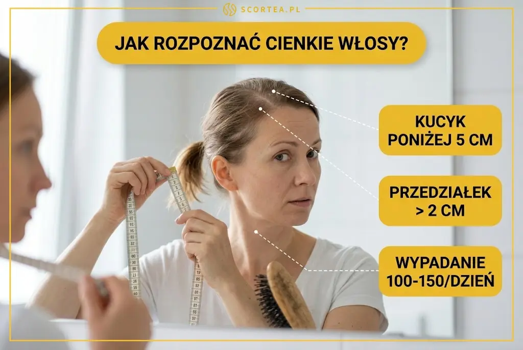  jak rozpoznać cienkie włosy — kobieta mierzy obwód kucyka miarką krawiecką przed lustrem, trzy kryteria diagnostyczne: kucyk poniżej 5 cm, przedziałek szerszy niż 2 cm, wypadanie 100–150 włosów dziennie.