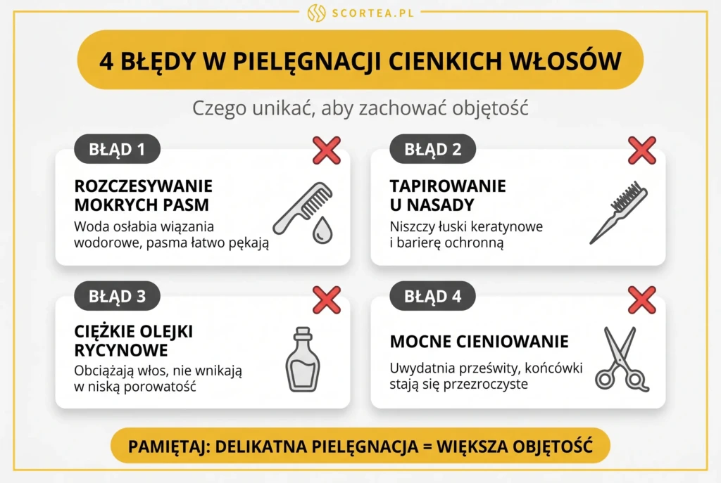 cztery najczęstsze błędy w pielęgnacji cienkich włosów — rozczesywanie mokrych pasm, tapirowanie u nasady, stosowanie ciężkich olejków rycynowych i mocne cieniowanie uwydatniające prześwity.