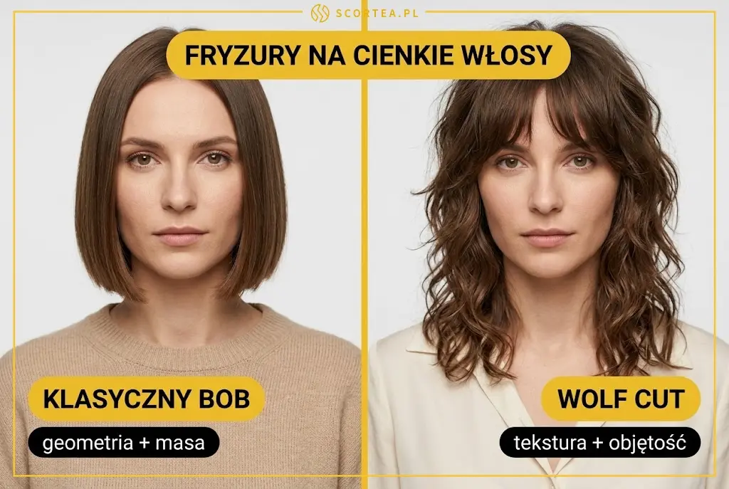  porównanie fryzur na cienkie włosy — klasyczny bob z geometryczną linią cięcia po lewej i wolf cut z teksturowanymi warstwami po prawej, obie stylizacje dają efekt większej objętości.