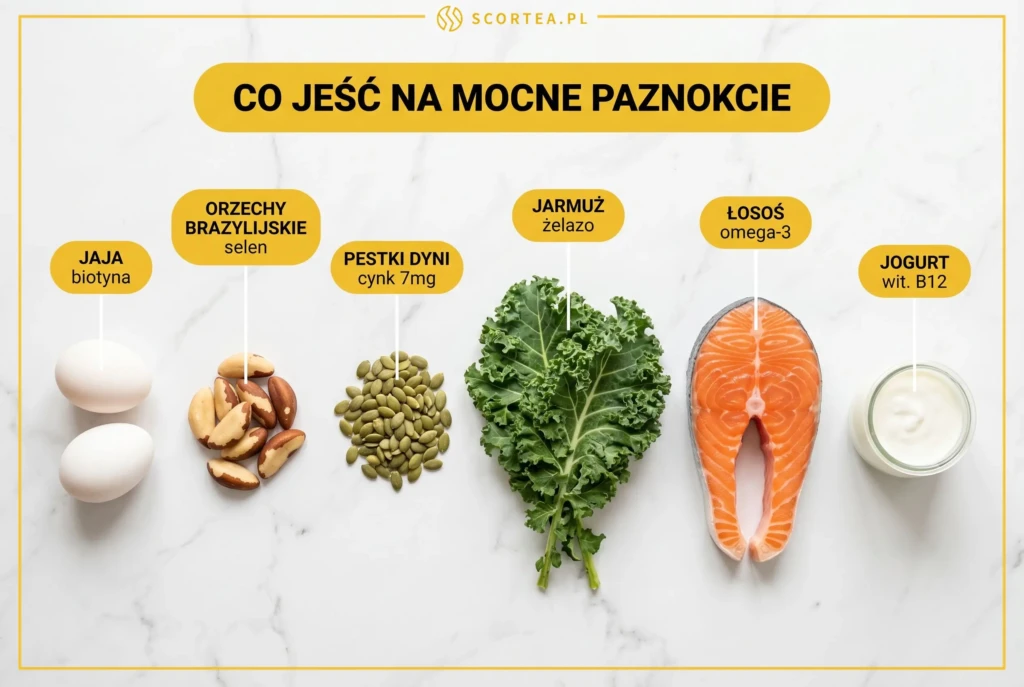 Co jeść na paznokcie - flatlay z jajkami, orzechami, łososiem, szpinakiem i kaszą gryczaną