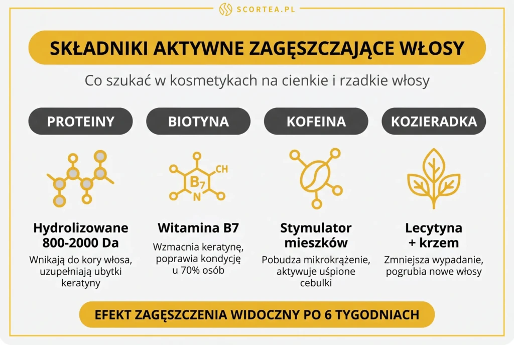 cztery składniki aktywne zagęszczające cienkie i rzadkie włosy — hydrolizowane proteiny 800–2000 Da, biotyna (witamina B7), kofeina stymulująca mieszki oraz kozieradka z lecytyną i krzemem, widoczne efekty po 6 tygodniach.
