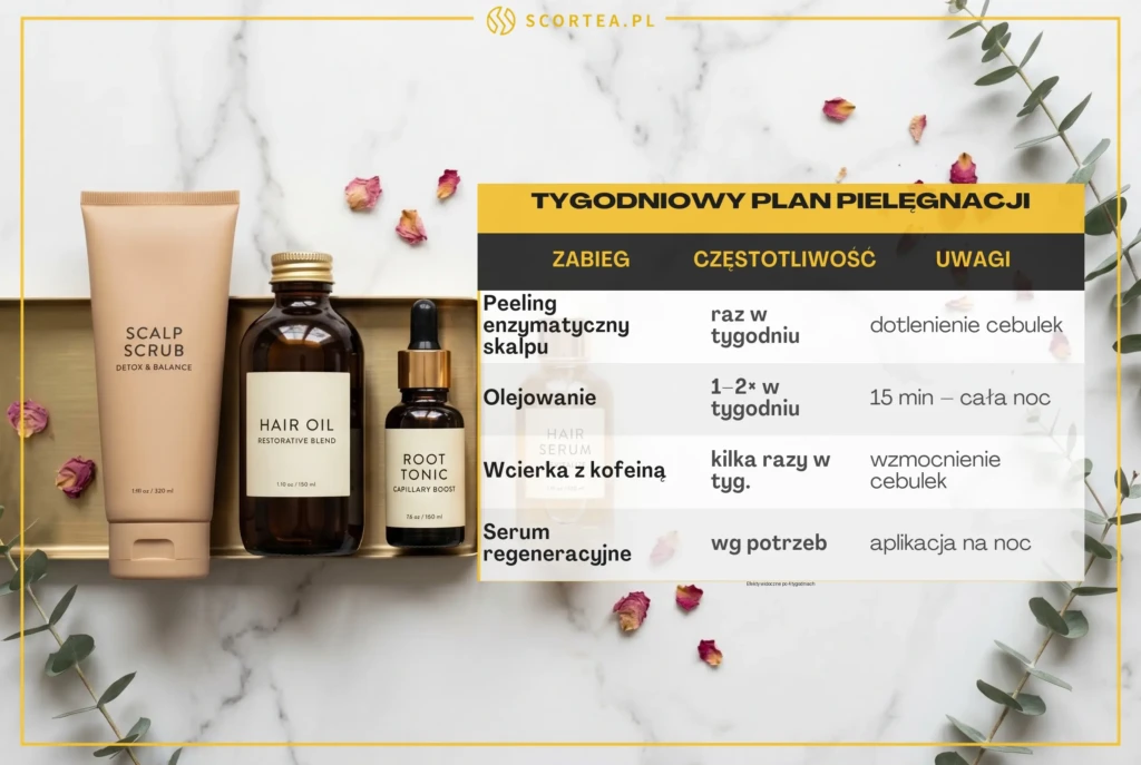 Tygodniowy harmonogram pielęgnacji włosów: peeling enzymatyczny skalpu, olejowanie, wcierka z kofeiną i serum regeneracyjne.