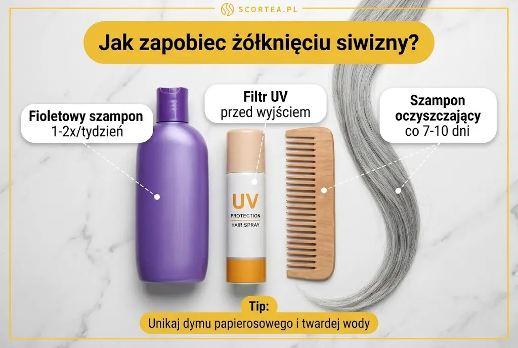  Infografika z produktami zapobiegającymi żółknięciu siwych włosów: fioletowy szampon 1-2 razy w tygodniu, filtr UV przed wyjściem, szampon oczyszczający co 7-10 dni