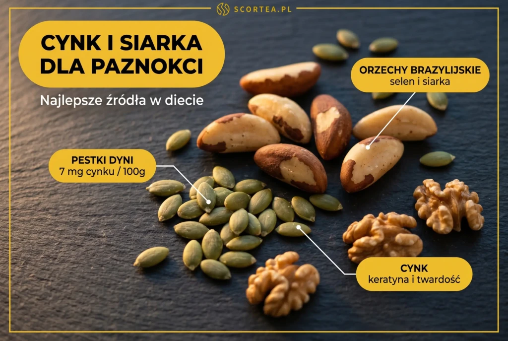 Cynk i siarka dla paznokci - pestki dyni zawierają 7 mg cynku na 100 g, orzechy brazylijskie dostarczają selen i siarkę niezbędną do syntezy keratyny
