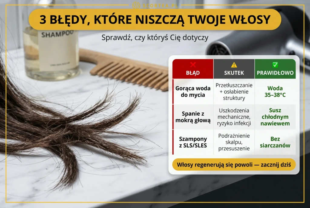 Tabela 3 błędów niszczących włosy: gorąca woda (przetłuszczanie), spanie z mokrą głową (uszkodzenia) i szampony z SLS (podrażnienie skalpu).