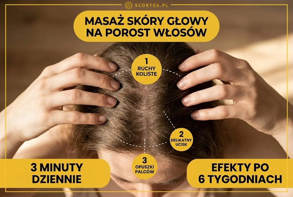  techniki masażu skóry głowy na porost włosów — widok z góry na ręce wykonujące ruchy koliste, delikatny ucisk i masaż opuszkami palców, 3 minuty dziennie, efekty po 6 tygodniach.