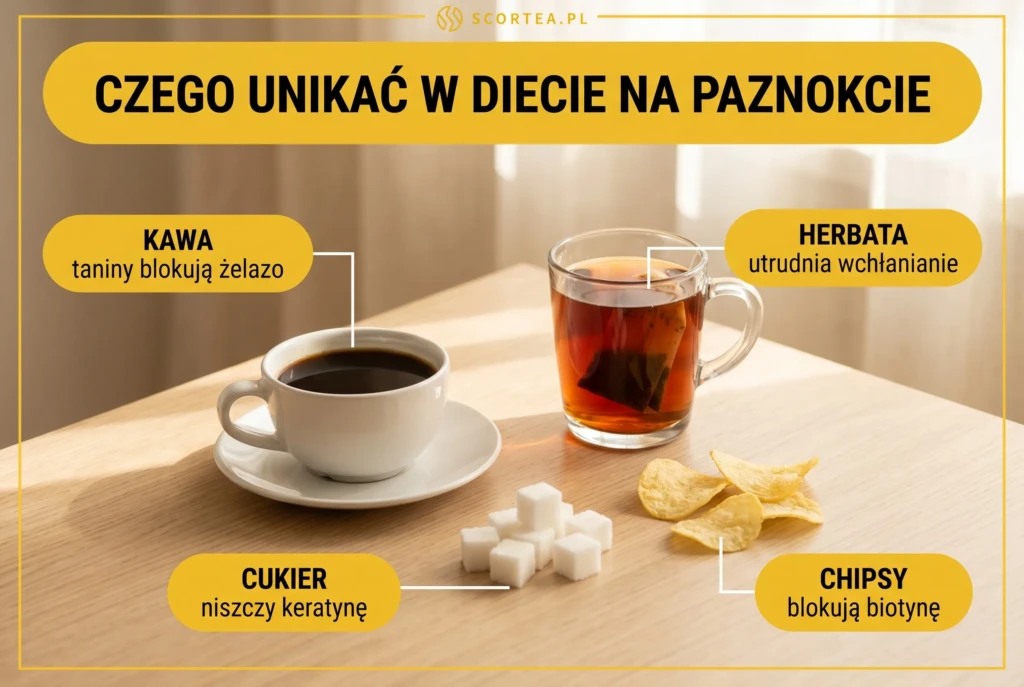 Czego unikać w diecie na paznokcie - cukier rafinowany, żywność przetworzona, nadmiar alkoholu i kawy