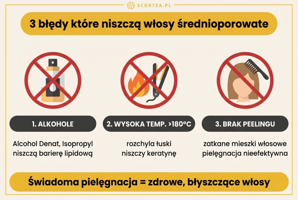 Trzy błędy niszczące włosy średnioporowate — infografika ostrzegawcza: alkohole jednowodorotlenowe, stylizacja powyżej 180 stopni Celsjusza, brak peelingu skóry głowy

