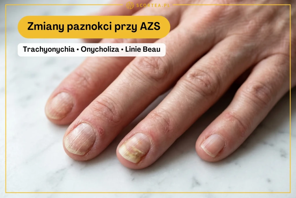aznokcie przy atopowym zapaleniu skóry — widoczna trachyonychia, onycholiza i linie Beau u pacjentki z AZS