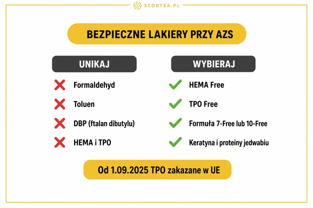 Infografika SCORTEA — bezpieczne lakiery do paznokci przy AZS: czego unikać (formaldehyd, toluen, HEMA, TPO) i co wybierać (HEMA Free, TPO Free)