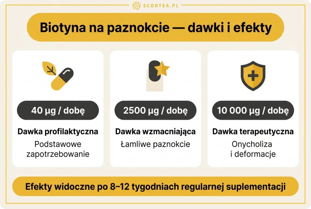 Infografika — dawki biotyny na paznokcie: 40 µg dziennie (profilaktyczna), 2500 µg (wzmacniająca), 10 000 µg (terapeutyczna przy onycholizie) — efekty po 8–12 tygodniach