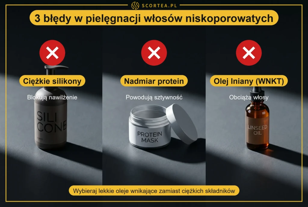 Trzy produkty, których unikać przy pielęgnacji włosów niskoporowatych: silikony, maska proteinowa i olej lniany