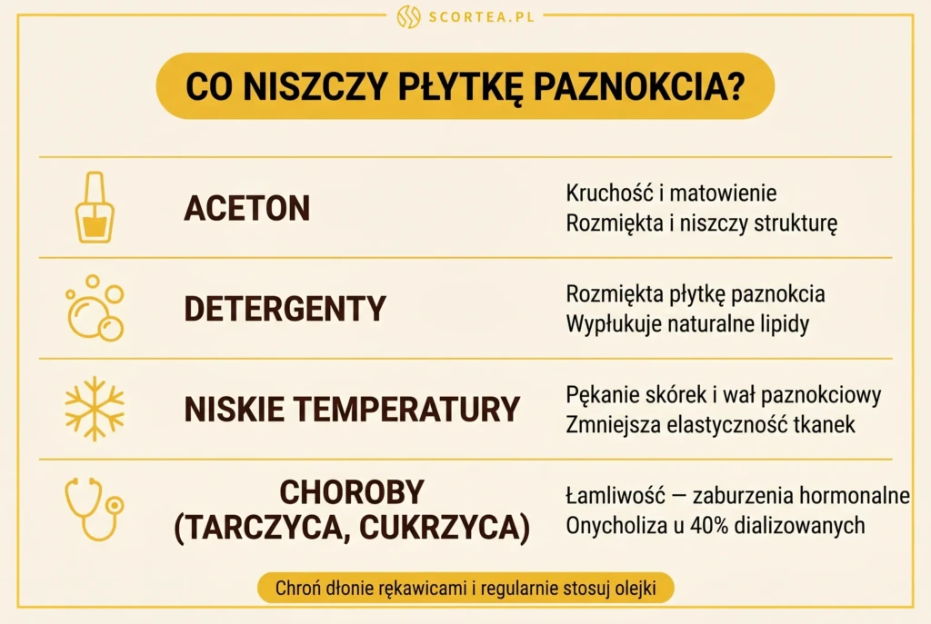 Infografika przedstawiająca 4 czynniki niszczące płytkę paznokcia — aceton, detergenty, niskie temperatury oraz choroby tarczycy i cukrzyca