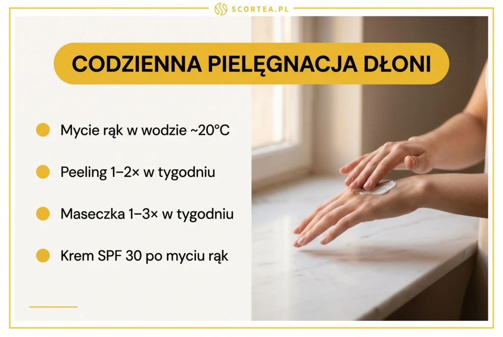 Infografika z 4 zasadami codziennej pielęgnacji dłoni: mycie, peeling, maseczka i krem SPF 30.