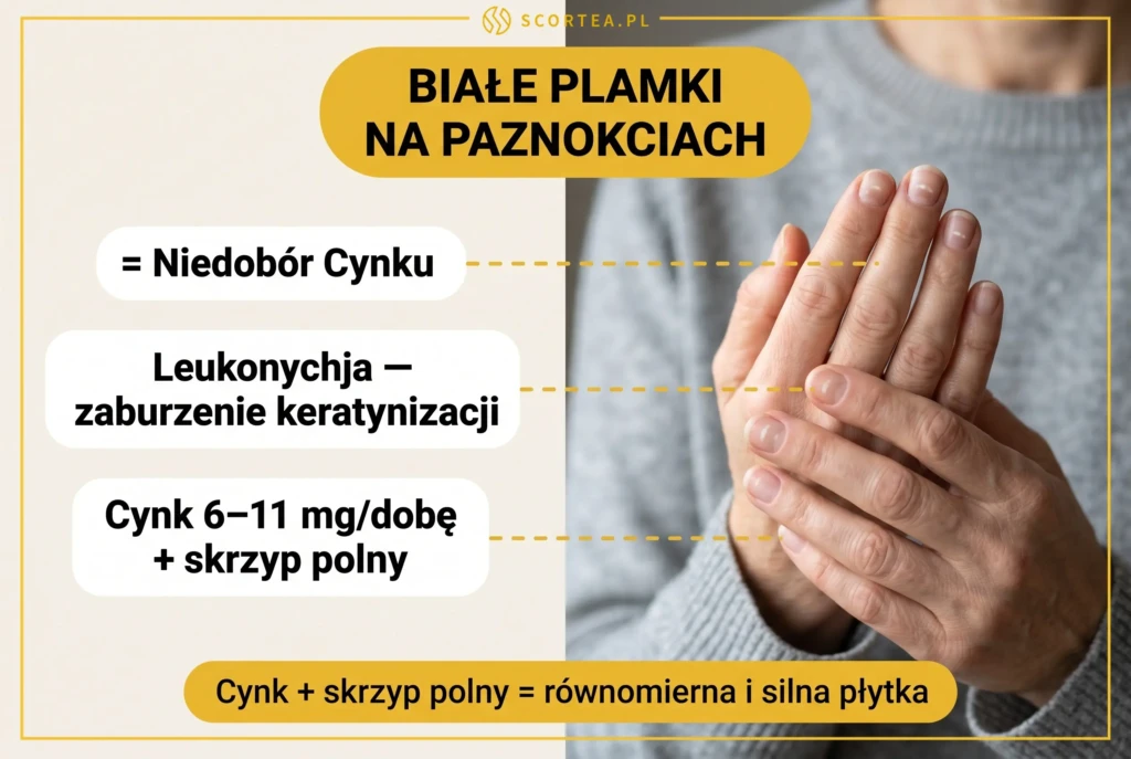 Dłonie kobiety z widocznymi białymi plamkami na paznokciach — leukonychja jako objaw niedoboru cynku, suplementacja cynkiem 6–11 mg dziennie ze skrzypem polnym