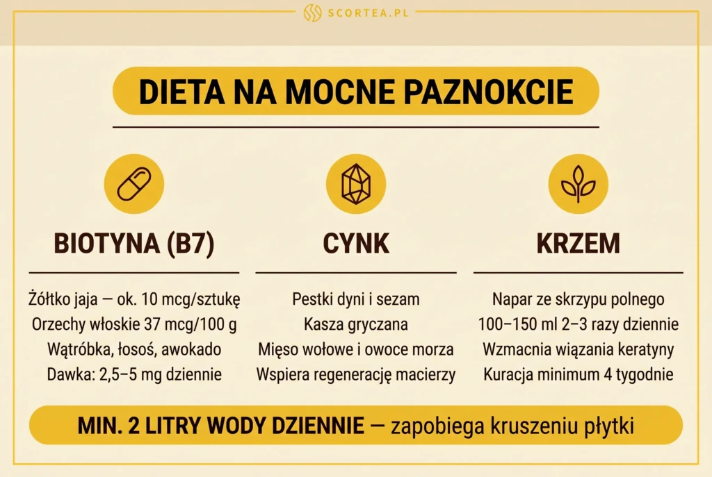 Infografika o diecie na mocne paznokcie — trzy kolumny z biotyna B7, cynkiem i krzemem wraz ze źródłami pokarmowymi i dawkowaniem