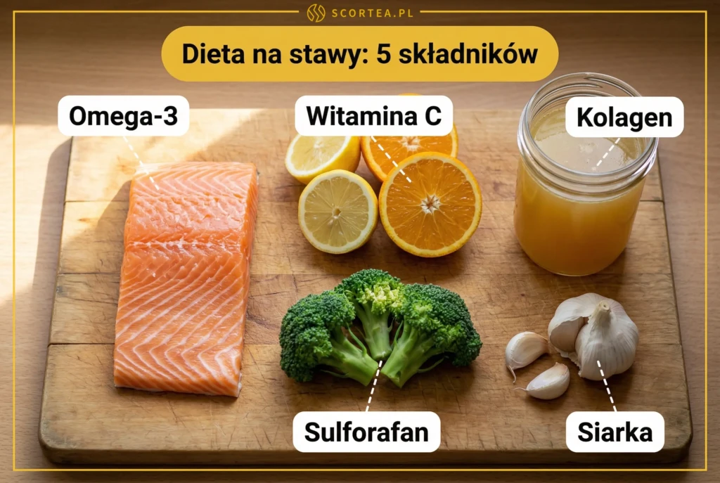Infografika z pięcioma produktami wspierającymi stawy: łosoś omega-3, cytrusy z witaminą C, bulion kolagenowy, brokuły i czosnek na drewnianej desce