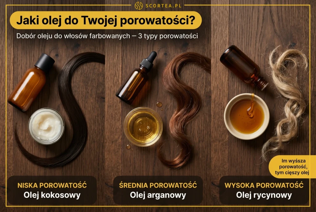 Dobór oleju do porowatości włosów farbowanych: olej kokosowy dla niskiej, arganowy dla średniej i rycynowy dla wysokiej porowatości — flat lay z pasmami włosów.