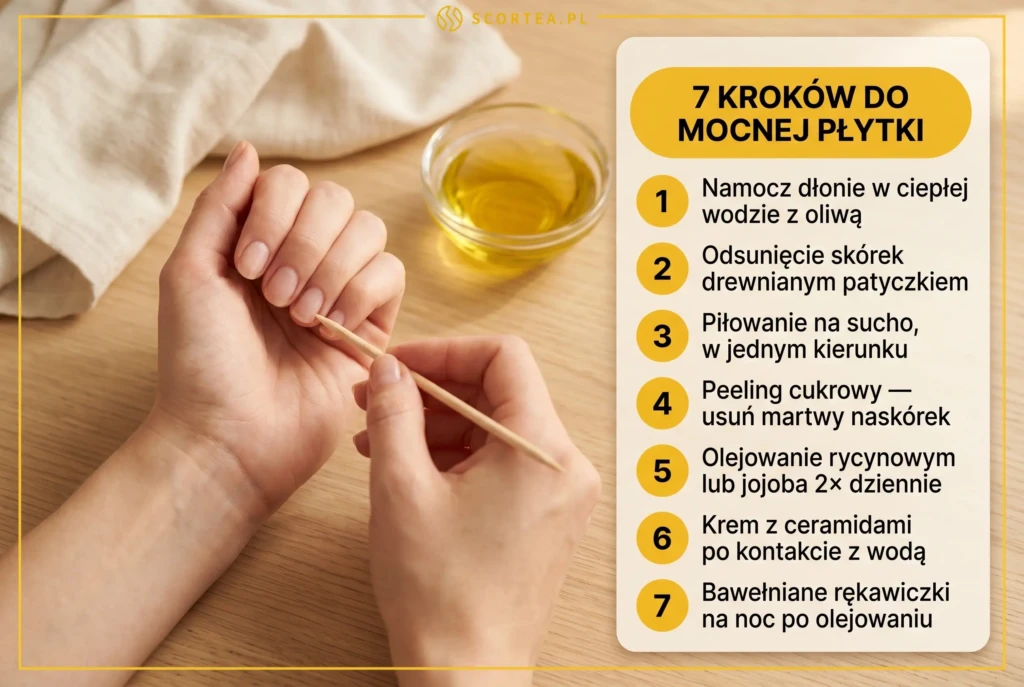 Kobiece dłonie odsuwające skórki drewnianym patyczkiem podczas domowej pielęgnacji — infografika z 7 krokami do mocnej płytki paznokcia