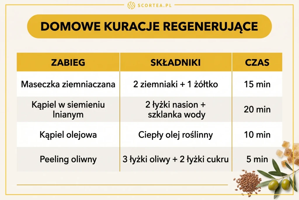 Tabela porównawcza 4 domowych kuracji regenerujących dłonie: maseczka ziemniaczana, kąpiel lniana, olejowa i peeling oliwny.