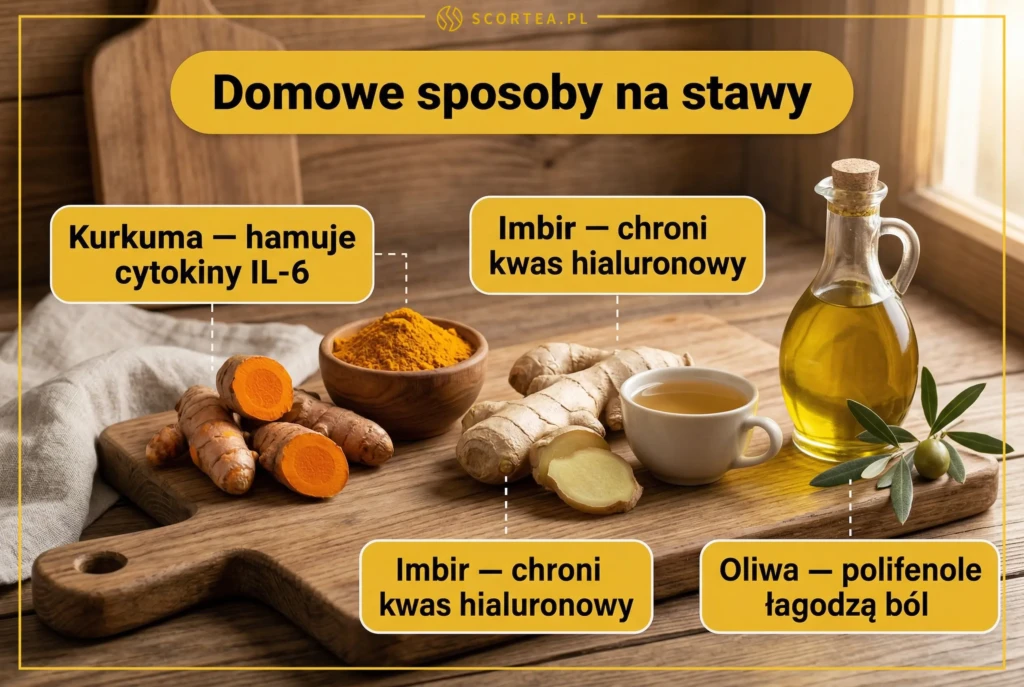 Domowe sposoby na stawy: kurkuma hamująca cytokiny IL-6, imbir chroniący kwas hialuronowy i oliwa z oliwek z polifenolami na drewnianej desce