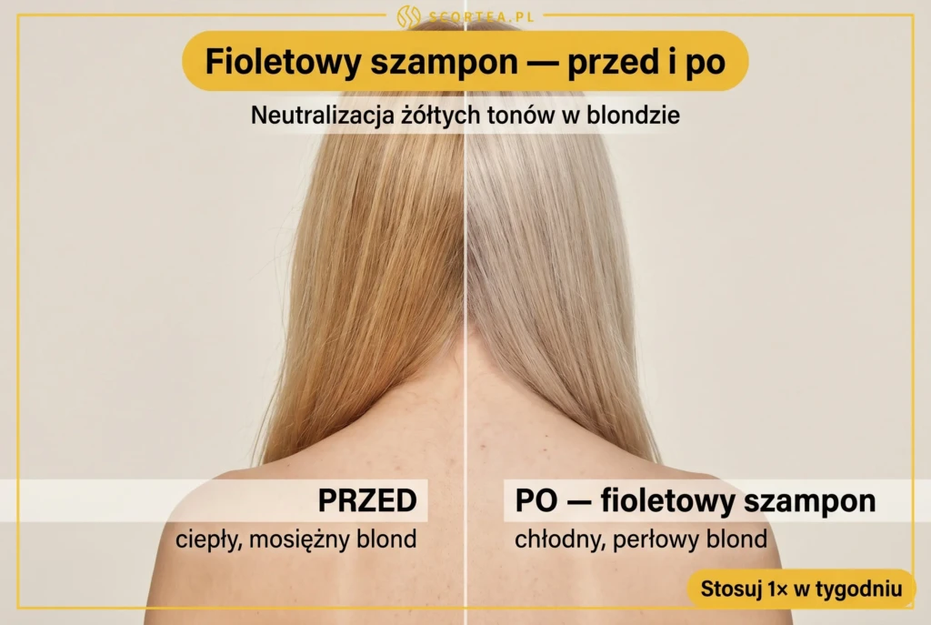 Fioletowy szampon przed i po: porównanie blond włosów — ciepły mosiężny odcień przed kuracją i chłodny perłowy blond po neutralizacji żółtych tonów.