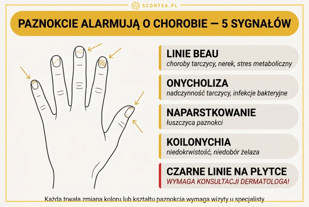 Infografika: 5 sygnałów alarmowych na paznokciach — linie Beau, onycholiza, naparstkowanie, koilonychia i czarne linie z przypisanymi chorobami