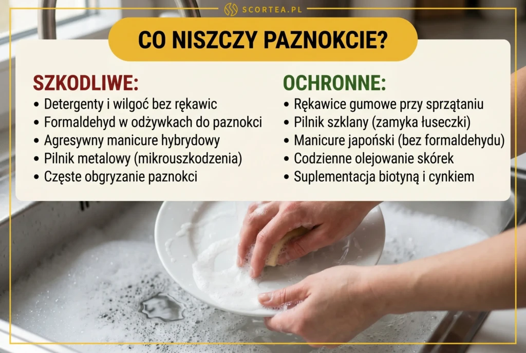 Infografika: co niszczy paznokcie — kobieta myje naczynia bez rękawic, zestawienie czynników szkodliwych (detergenty, formaldehyd, pilnik metalowy) i ochronnych (rękawice, pilnik szklany, olejowanie)