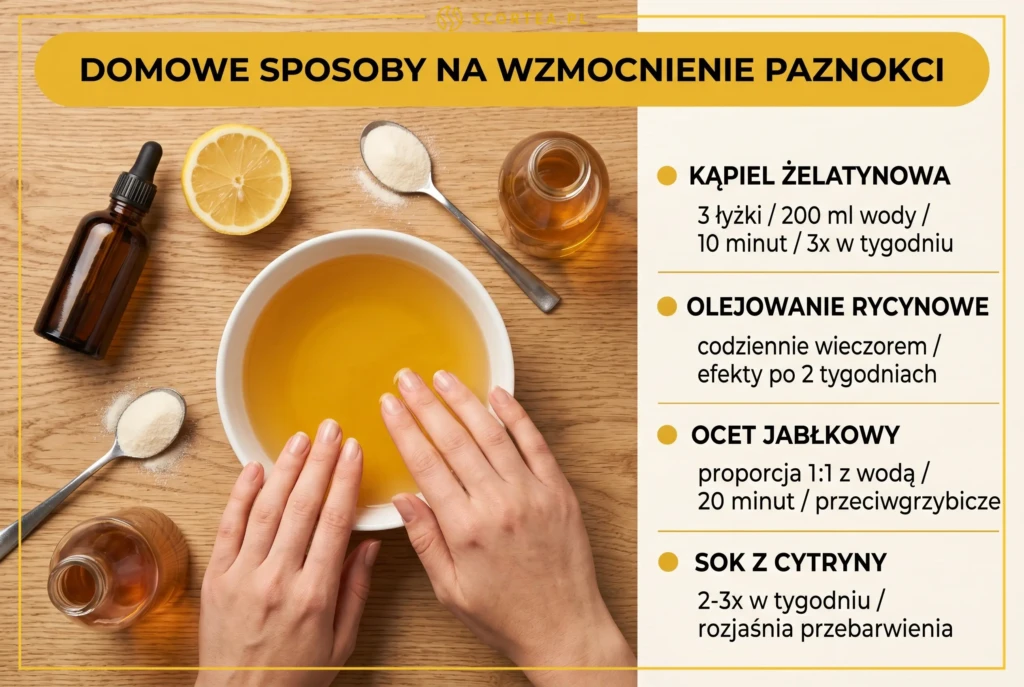 Infografika: 4 domowe sposoby na wzmocnienie paznokci — kąpiel żelatynowa 3 łyżki na 10 minut, olejowanie rycynowe, ocet jabłkowy i sok z cytryny z częstotliwością zabiegów