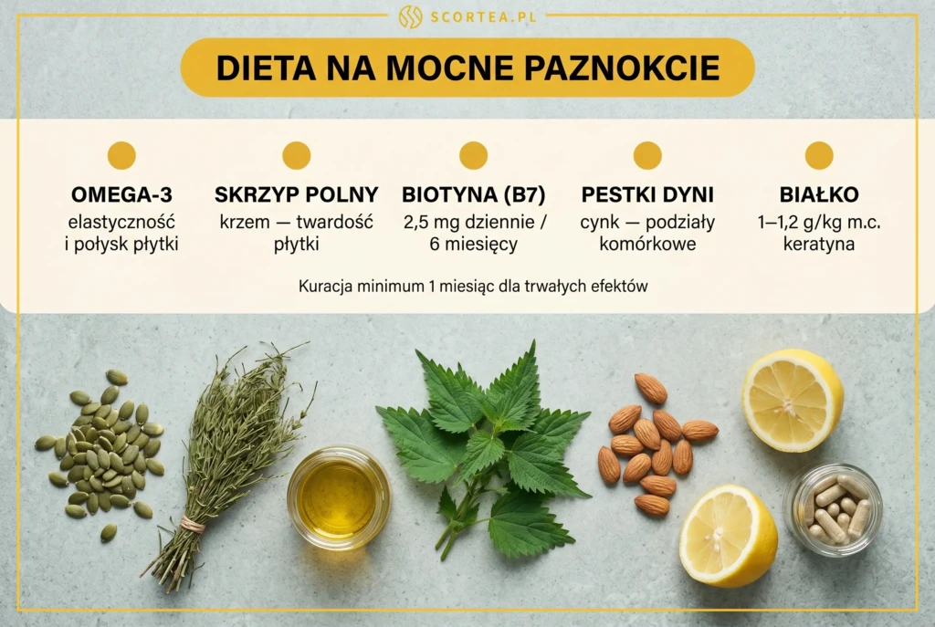 Infografika: dieta na mocne paznokcie — kwasy omega-3, skrzyp polny jako źródło krzemu, biotyna B7, pestki dyni (cynk) i białko jako budulec keratyny