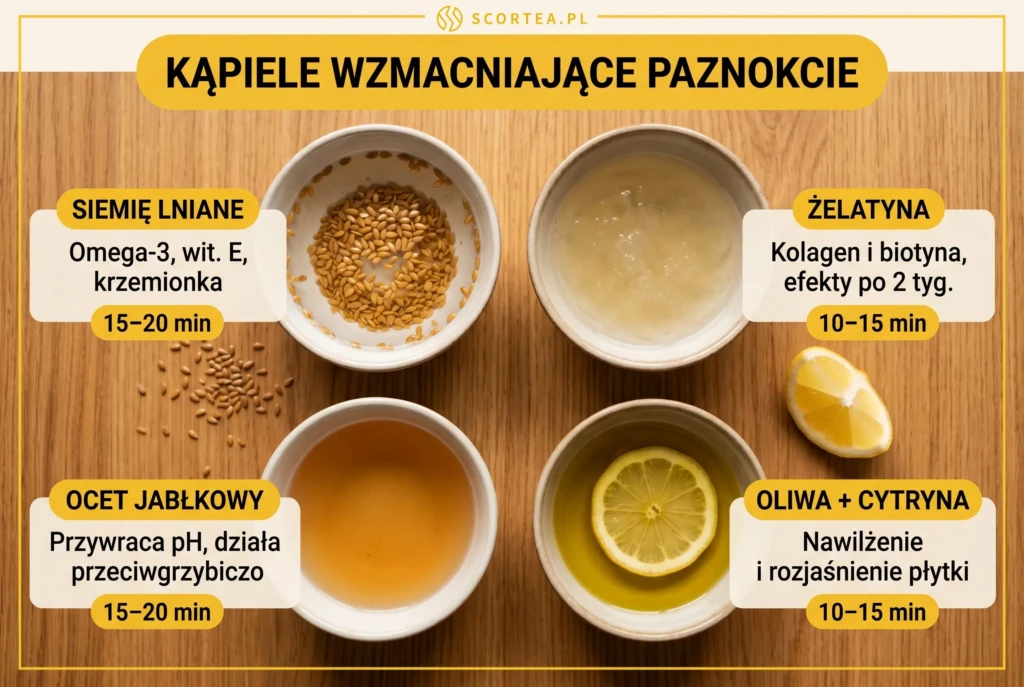 Cztery miseczki z kąpielami wzmacniającymi paznokcie: siemię lniane, żelatyna, ocet jabłkowy oraz oliwa z cytryną z podanym czasem moczenia