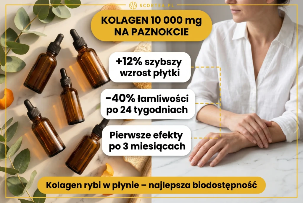 Kobieta z dłońmi na marmurze obok buteleczek kolagenu — suplementacja kolagenem 10 000 mg zwiększa wzrost płytki paznokcia o 12% i zmniejsza łamliwość o 40% po 24 tygodniach