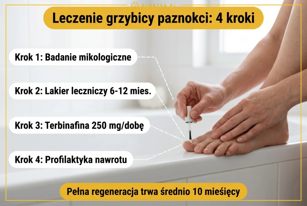 Infografika: 4 kroki leczenia grzybicy paznokci — badanie mikologiczne, lakier leczniczy, terbinafina 250 mg i profilaktyka nawrotu