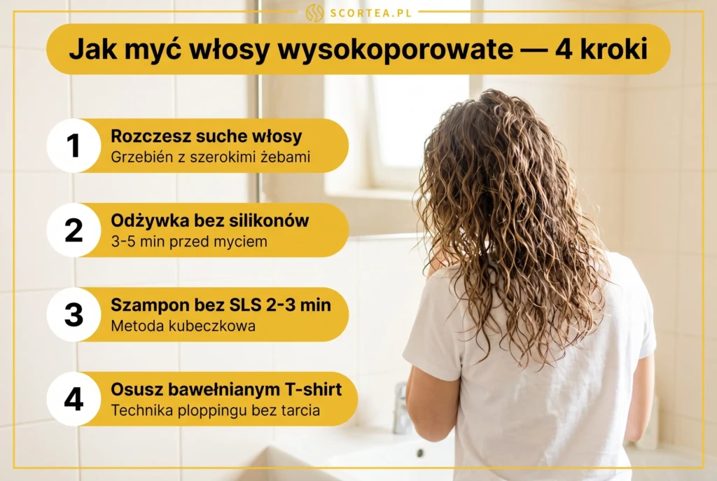 Infografika z 4 krokami mycia włosów wysokoporowatych: rozczesywanie, odżywka bez silikonów, szampon bez SLS i plopping.