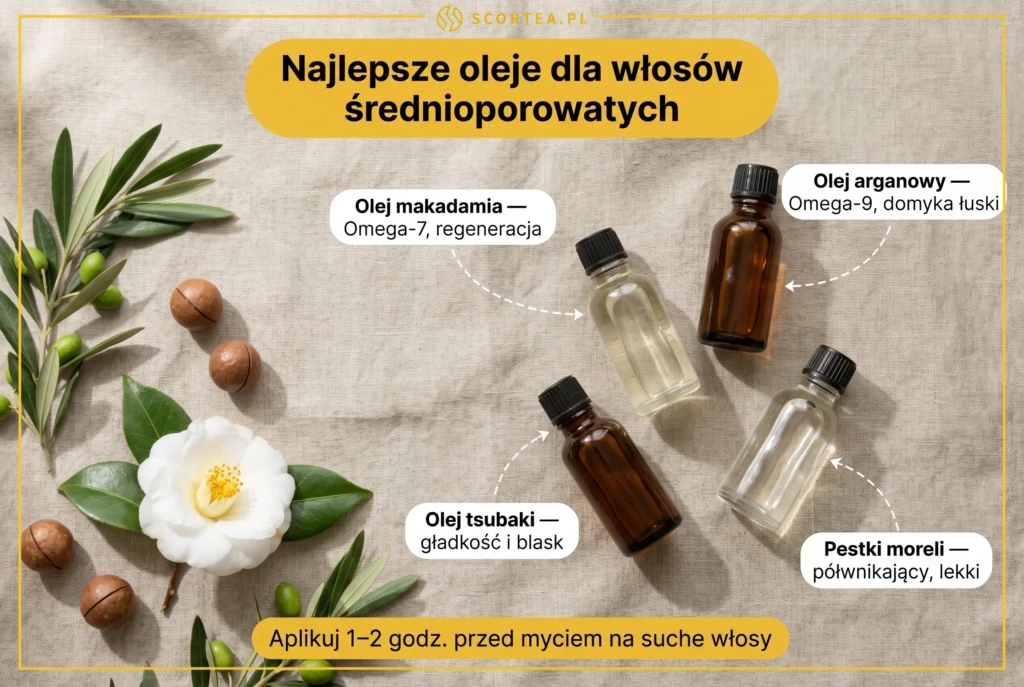 Najlepsze oleje dla włosów średnioporowatych — flatlay czterech buteleczek olejów (arganowy, makadamia, tsubaki, pestki moreli) na lnianym tle z gałązkami oliwnymi i kwiatem kamelii

