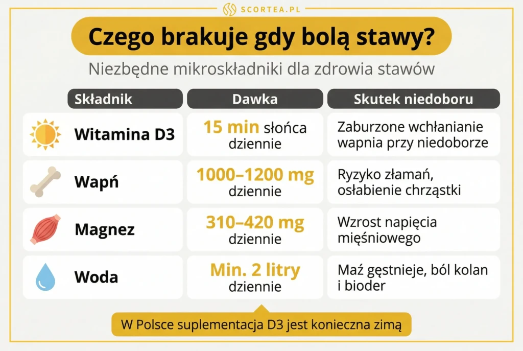 Czego brakuje gdy bolą stawy: tabela z witaminą D3, wapniem, magnezem i wodą — dawki i skutki niedoborów