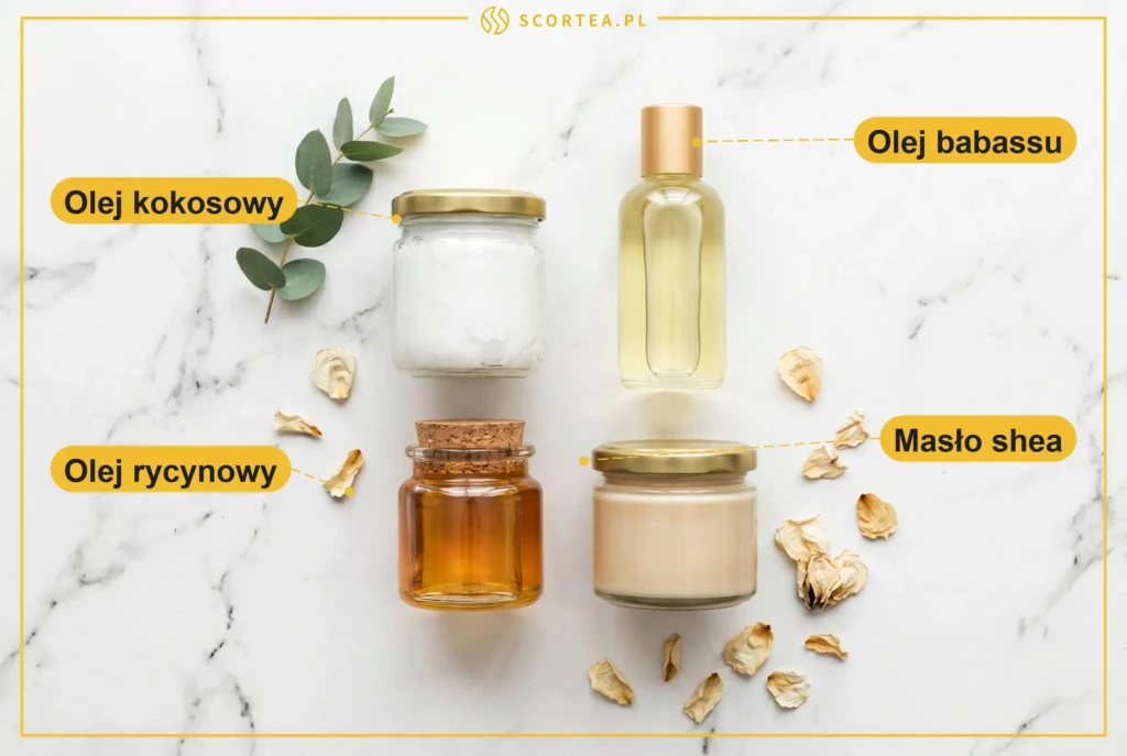 Cztery oleje polecane do włosów niskoporowatych: kokosowy, babassu, rycynowy i shea na marmurowym blacie
