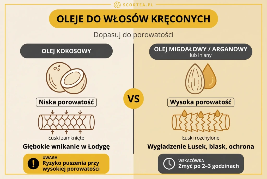 Porównanie olejów do włosów kręconych — olej kokosowy dla niskiej porowatości (zamknięte łuski, ryzyko puszenia) vs olej migdałowy, arganowy i lniany dla wysokiej porowatości (wygładzenie rozchylonych łusek, blask).