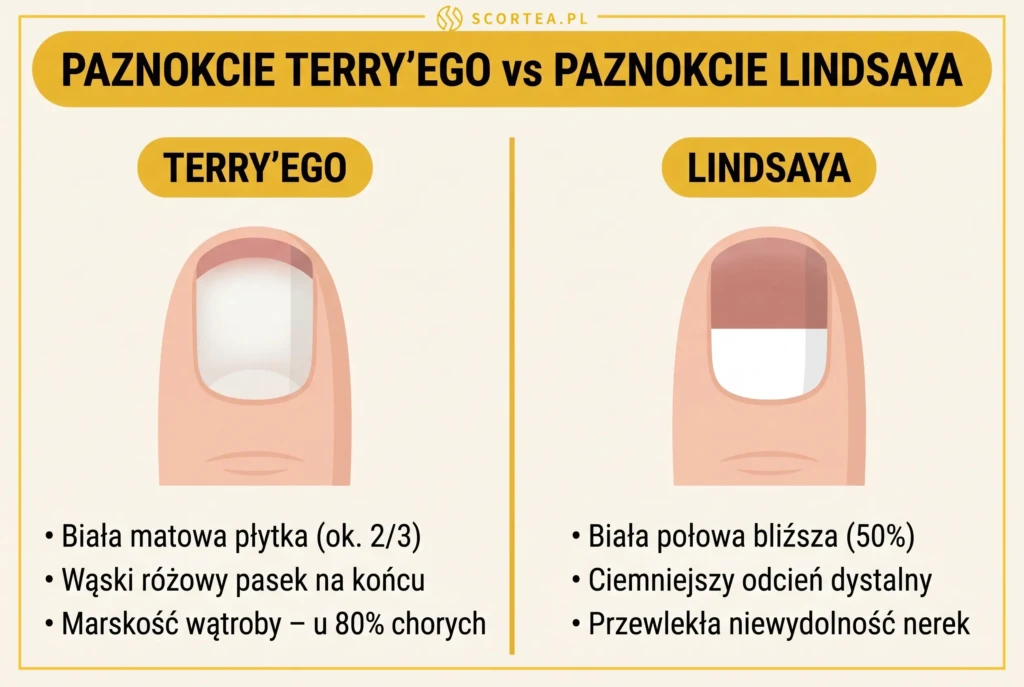 Porównanie paznokci Terry'ego (biała płytka, marskość wątroby) i paznokci Lindsaya (pół białe/pół ciemne, niewydolność nerek)