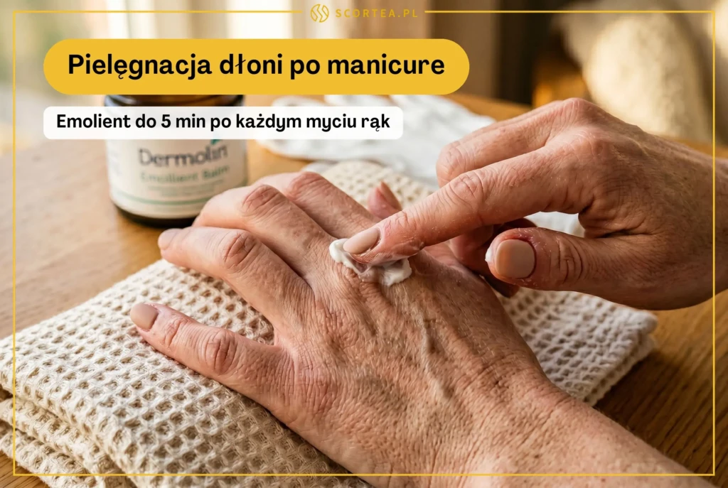 Pielęgnacja dłoni po manicure przy AZS — aplikacja emolientu na wały paznokciowe i dłoń z atopowym zapaleniem skóry