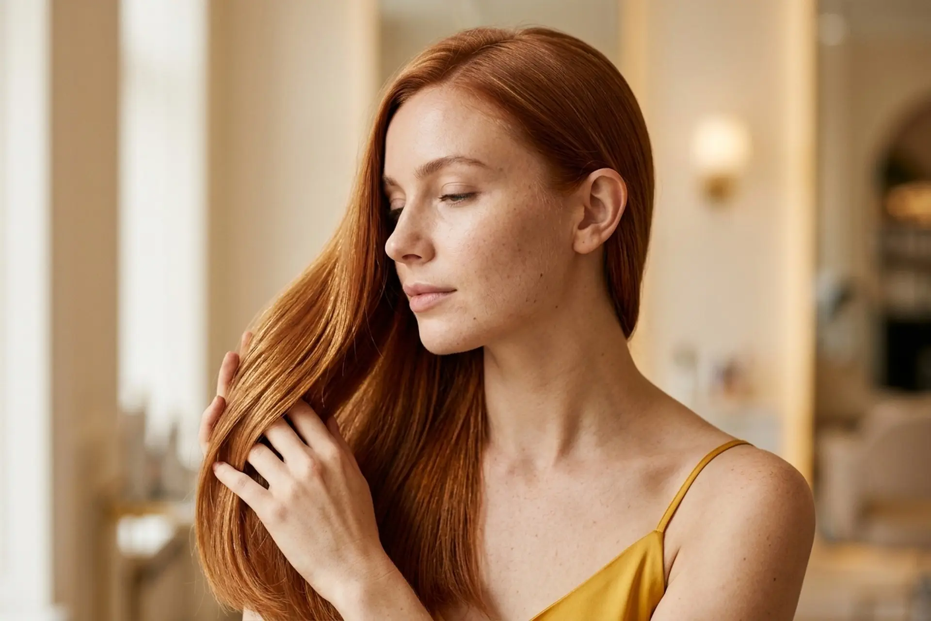 Pielęgnacja włosów farbowanych — kobieta z lśniącymi, zdrowymi miedzianymi włosami po profesjonalnej koloryzacji w salonie beauty.