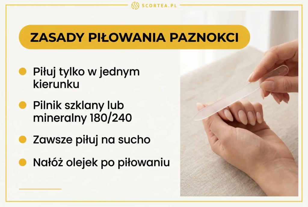 Cztery zasady piłowania paznokci: pilnik szklany 180/240, jeden kierunek, na sucho i olejek po zabiegu.