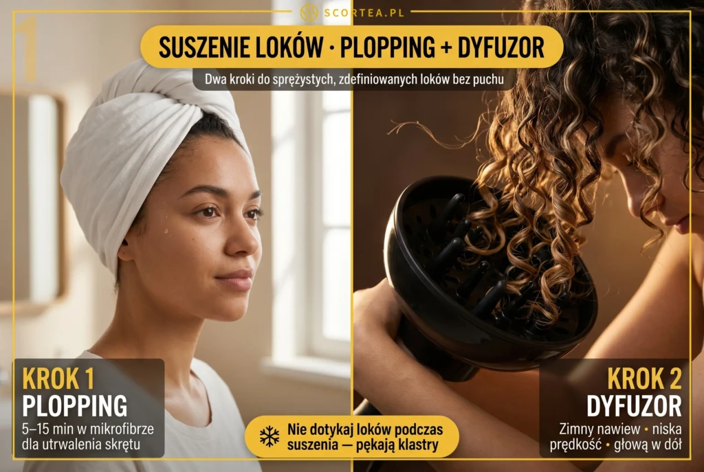 Plopping i suszenie dyfuzorem — kobieta z lokami owiniętymi w bawełnianą koszulkę na czubku głowy oraz zbliżenie czaszy dyfuzora przy kręconych włosach podczas suszenia z głową w dół.