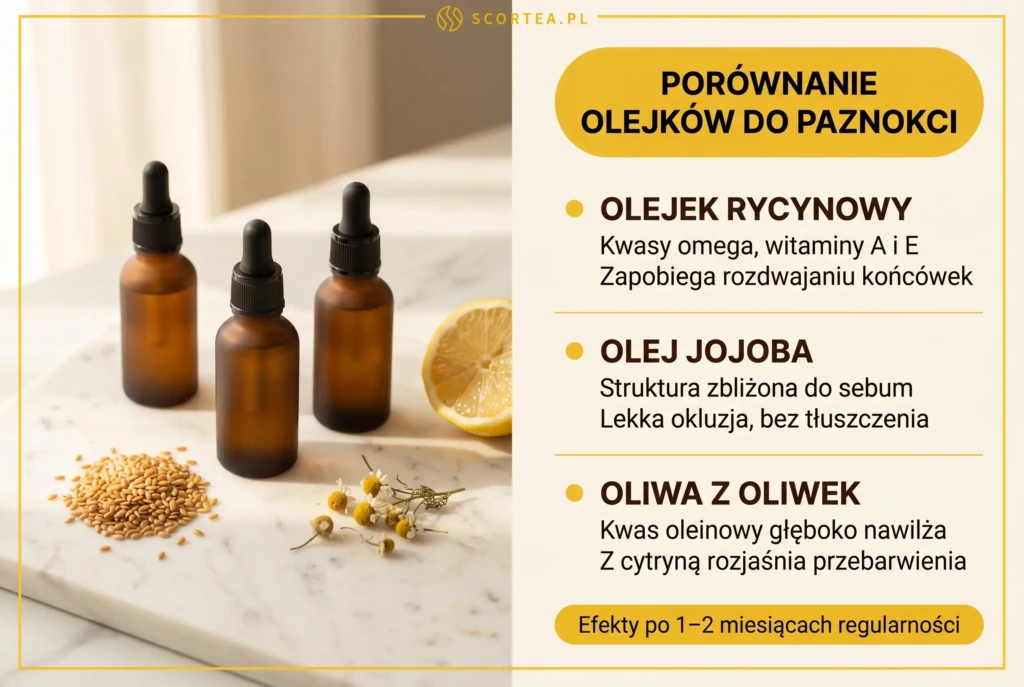 Trzy buteleczki z olejkami — rycynowym, jojoba i oliwą z oliwek — na białym marmurze z opisem właściwości każdego olejku do pielęgnacji paznokci