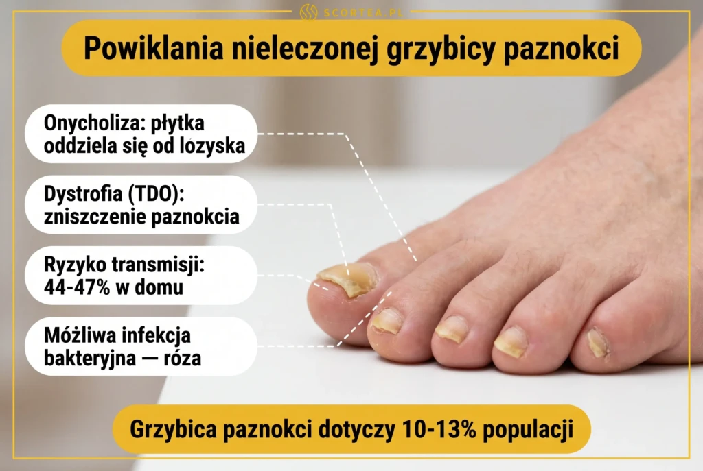  Infografika o powikłaniach nieleczonej grzybicy paznokci: onycholiza, dystrofia TDO, ryzyko transmisji 44–47% w domu i infekcja bakteryjna