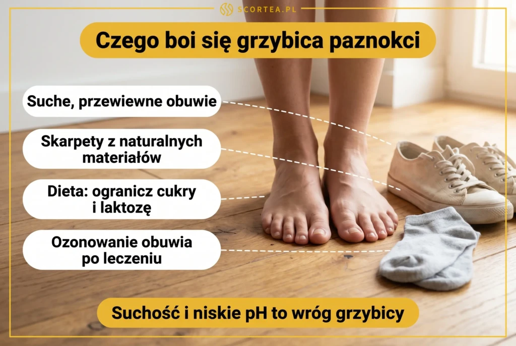Infografika o profilaktyce grzybicy paznokci stóp: przewiewne obuwie, skarpety z naturalnych materiałów, dieta i ozonowanie obuwia po leczeniu