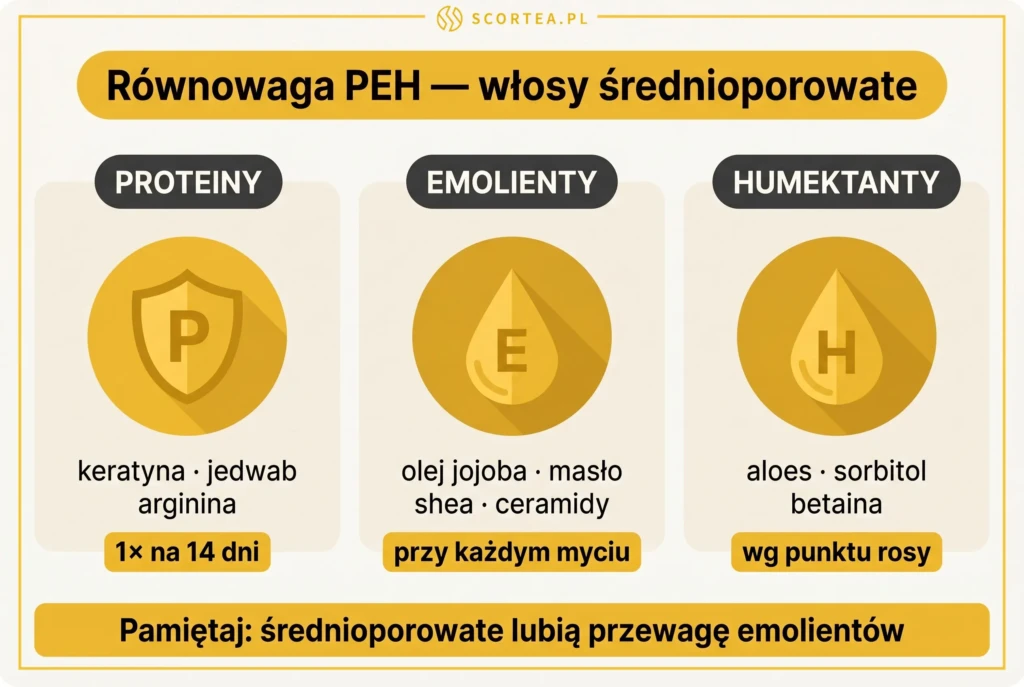 Równowaga PEH dla włosów średnioporowatych — infografika z trzema filarami pielęgnacji: proteiny (keratyna, jedwab, arginina), emolienty (jojoba, masło shea), humektanty (aloes, sorbitol, betaina) z częstotliwością stosowania

