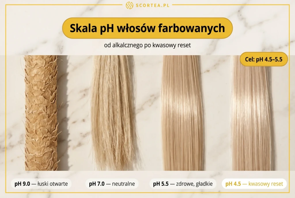 Skala pH włosów farbowanych: cztery pasma porównujące stan włosa przy pH 9,0 (łuski otwarte), 7,0, 5,5 i 4,5 (kwasowy reset, lśniące pasmo).