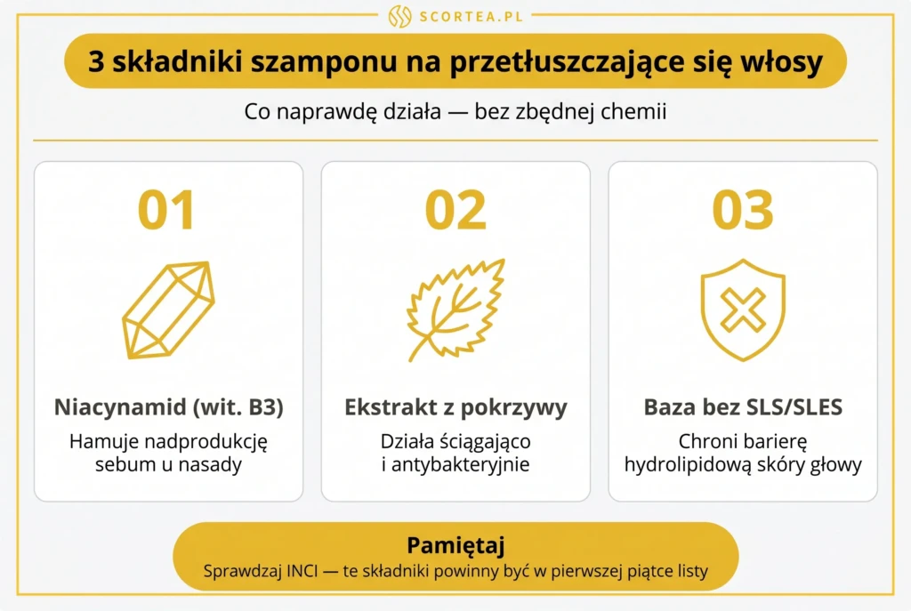 Trzy kluczowe składniki szamponu na przetłuszczające się włosy: niacynamid, ekstrakt z pokrzywy i baza bez SLS/SLES

