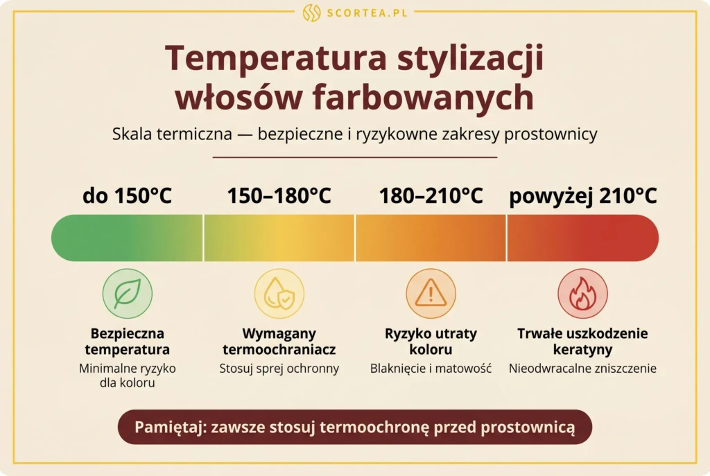 Skala wpływu temperatury stylizacji na włosy farbowane: cztery strefy od bezpiecznej (do 150°C) po trwałe uszkodzenie keratyny (powyżej 210°C).